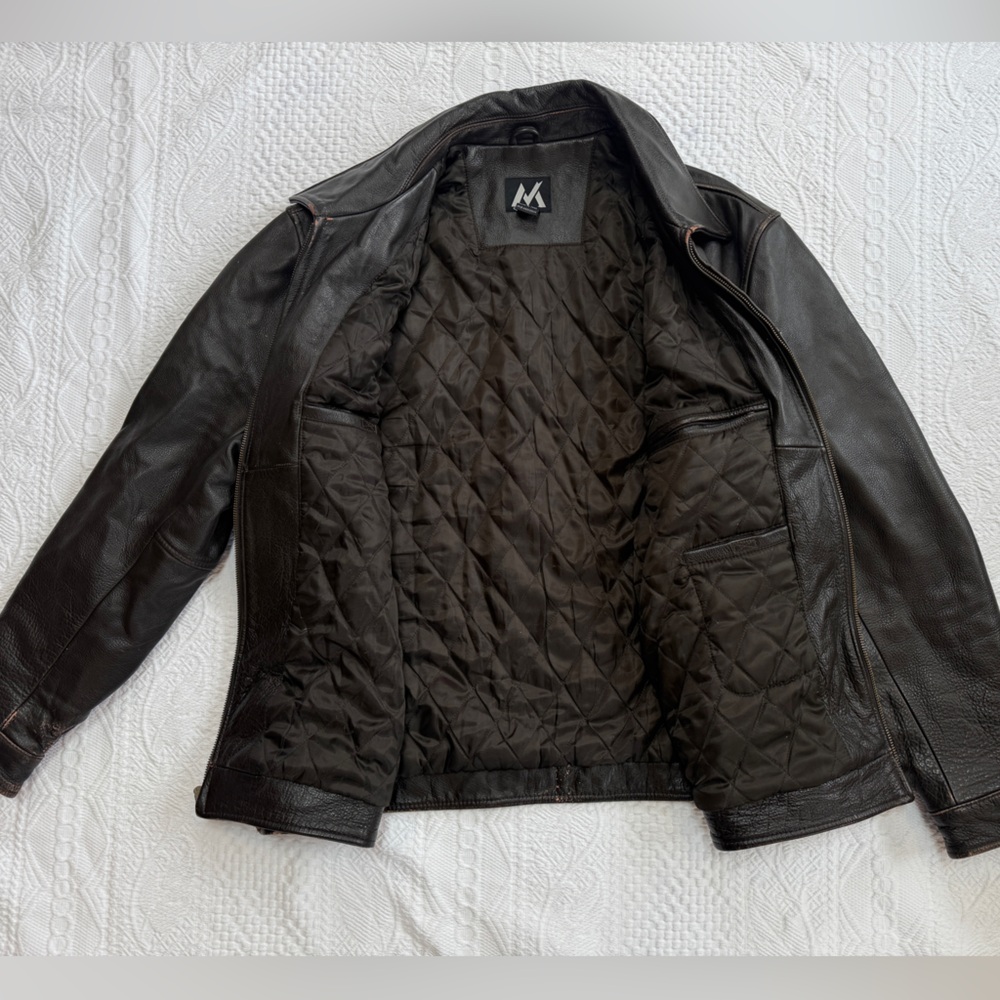 Men's Lightly Distressed Brown Leather Jacket Bomber Motorcycle Aviator- Sz XL - Picture 4 of 10